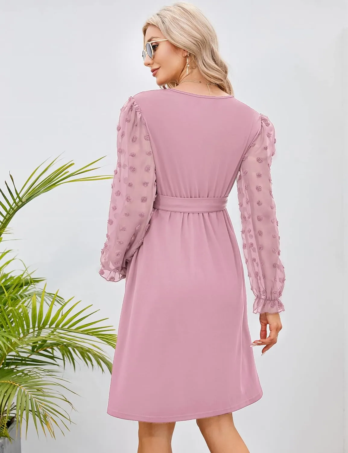 Coolmee Womens Maternity Swiss Dot Long Sleeve Wrap Dress V Neck Fall Casual Boho Midi Dress Baby Shower Photoshoot with Belt