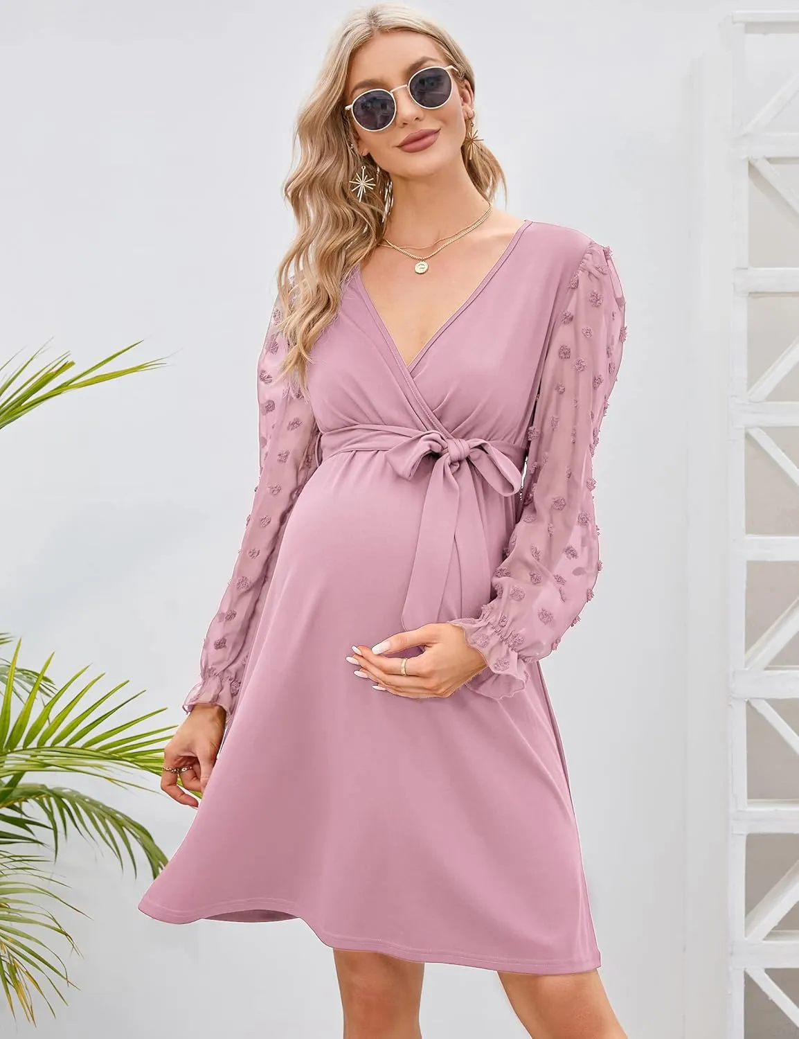 Coolmee Womens Maternity Swiss Dot Long Sleeve Wrap Dress V Neck Fall Casual Boho Midi Dress Baby Shower Photoshoot with Belt