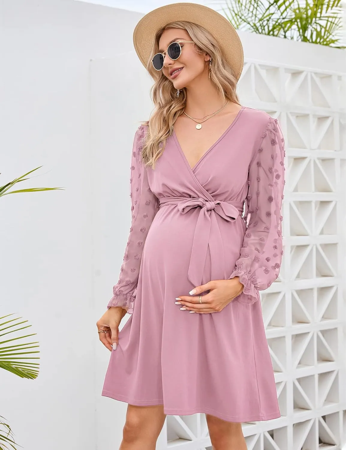 Coolmee Womens Maternity Swiss Dot Long Sleeve Wrap Dress V Neck Fall Casual Boho Midi Dress Baby Shower Photoshoot with Belt