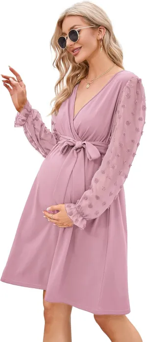 Coolmee Womens Maternity Swiss Dot Long Sleeve Wrap Dress V Neck Fall Casual Boho Midi Dress Baby Shower Photoshoot with Belt