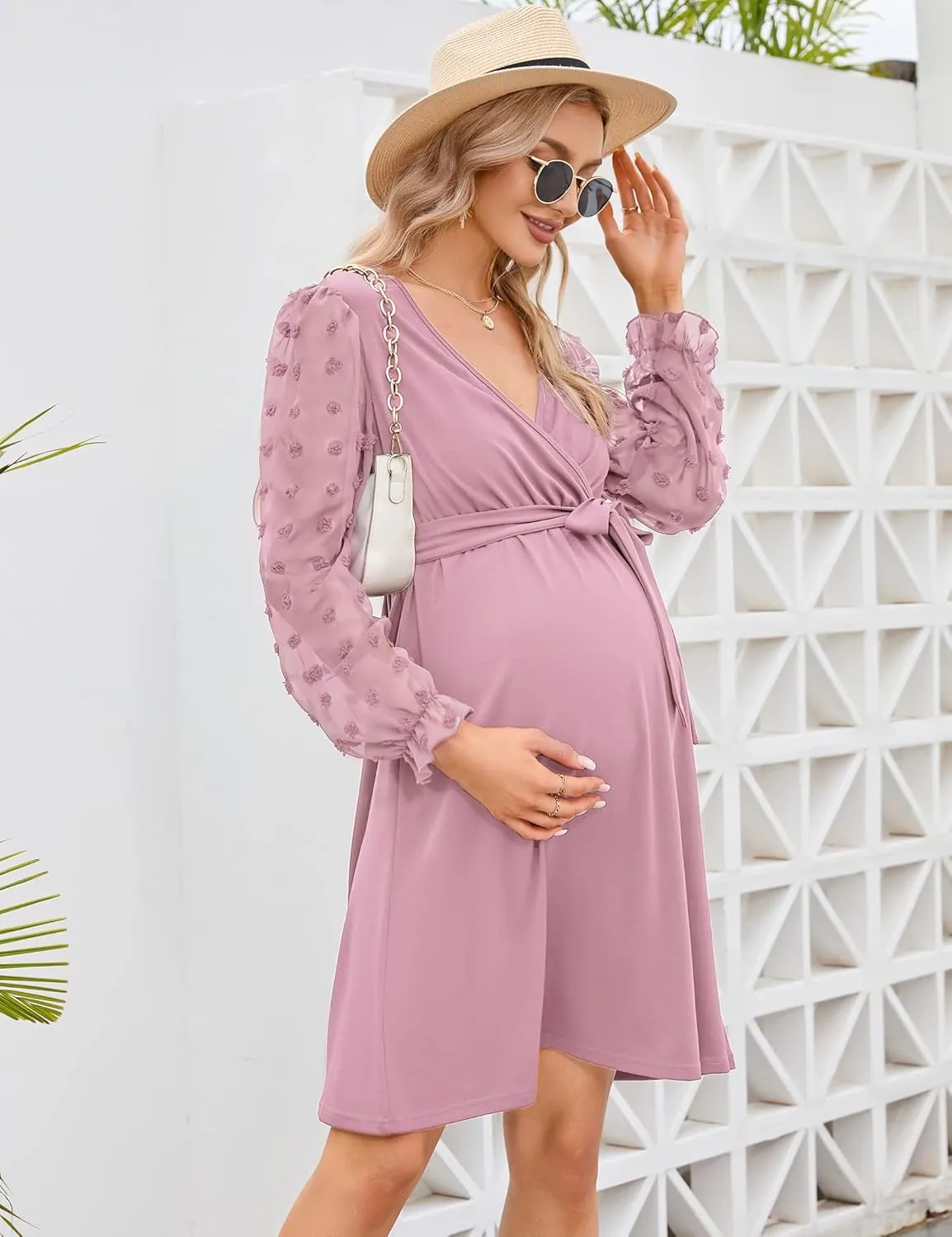 Coolmee Womens Maternity Swiss Dot Long Sleeve Wrap Dress V Neck Fall Casual Boho Midi Dress Baby Shower Photoshoot with Belt