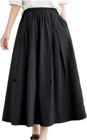Cotton Women Long Skirt Summer Vintage Style Solid Color High Waist A-Line Skirts