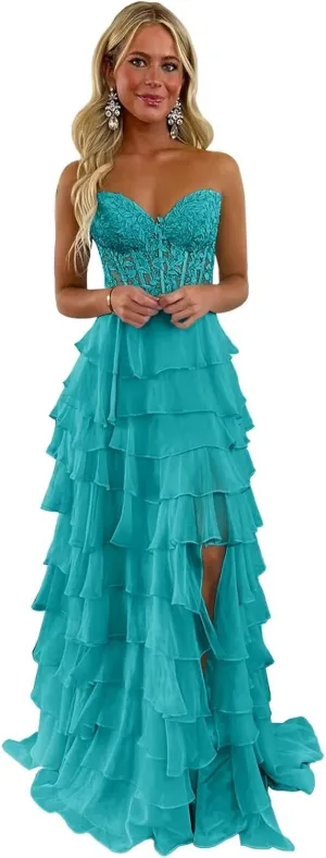 Cudiew Lace Corset Tiered Prom Dresses 2025 Strapless Chiffon Long Ruffle Formal Evening Dress for Women with Slit