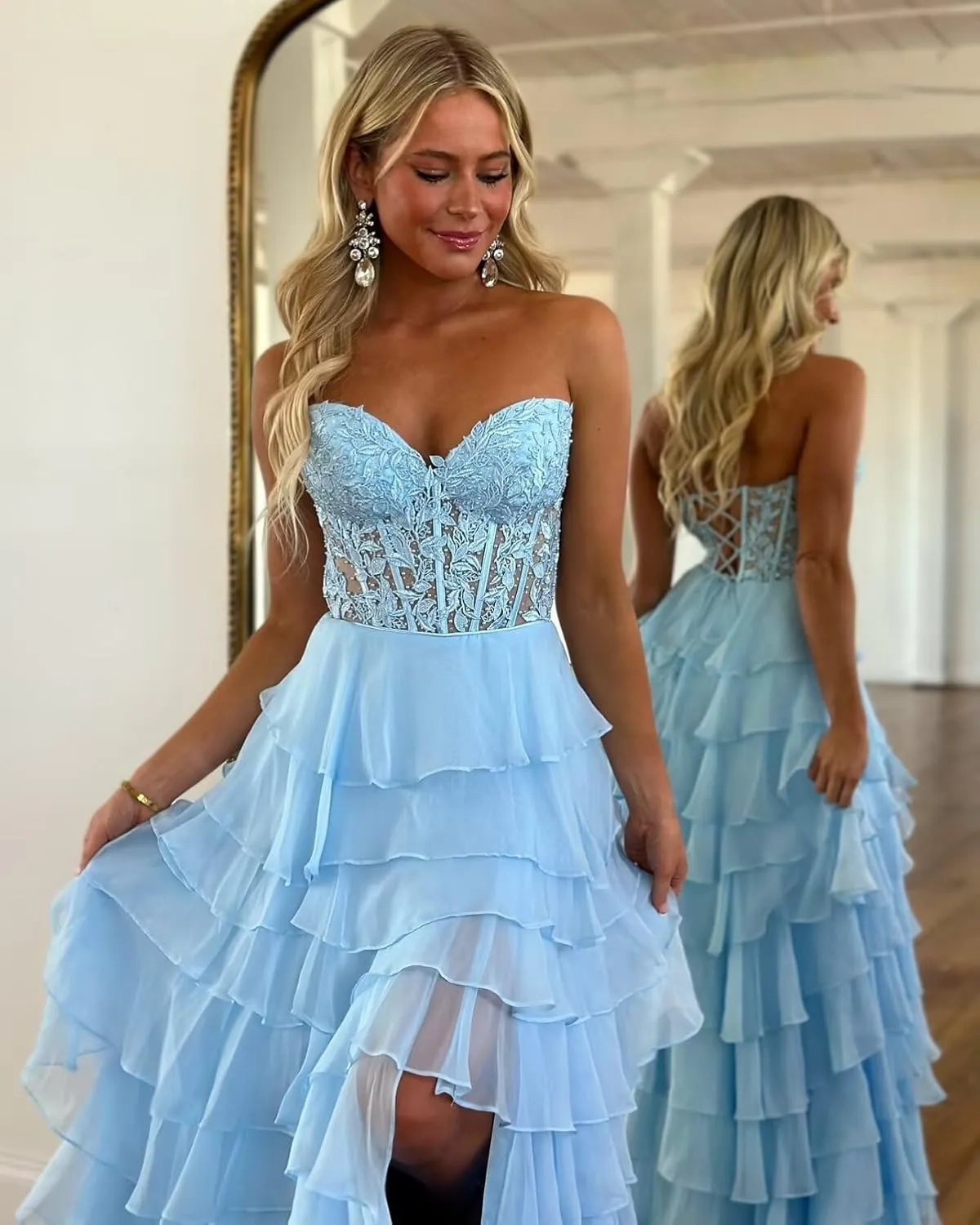 Cudiew Lace Corset Tiered Prom Dresses 2025 Strapless Chiffon Long Ruffle Formal Evening Dress for Women with Slit