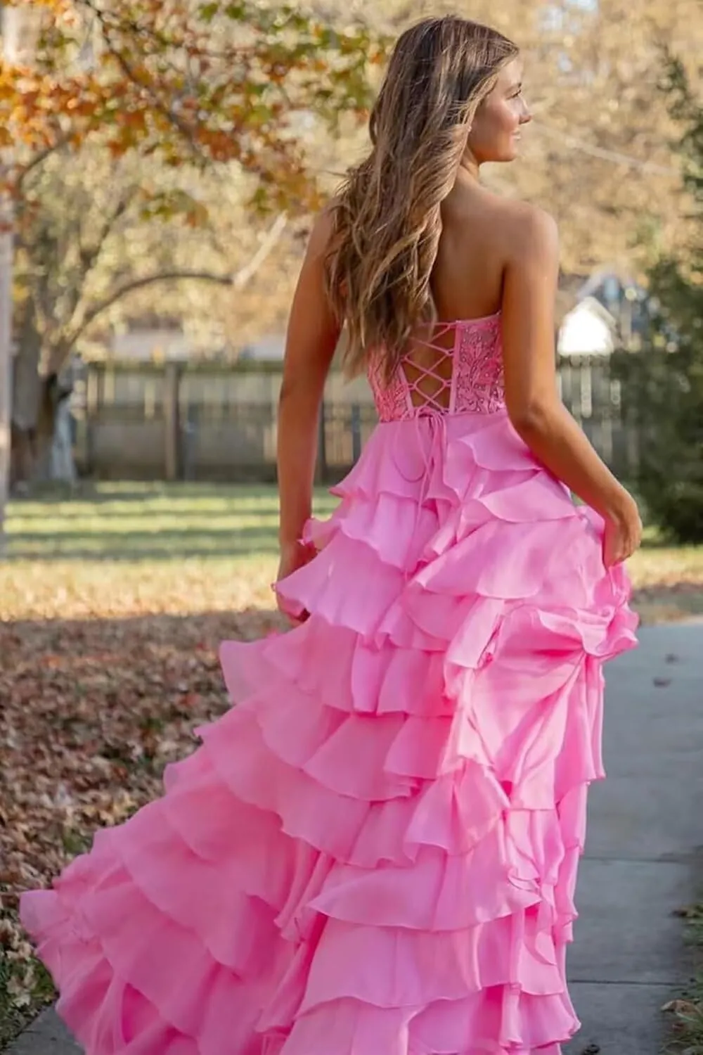 Cudiew Lace Corset Tiered Prom Dresses 2025 Strapless Chiffon Long Ruffle Formal Evening Dress for Women with Slit