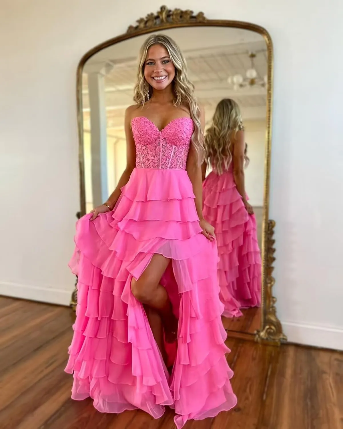 Cudiew Lace Corset Tiered Prom Dresses 2025 Strapless Chiffon Long Ruffle Formal Evening Dress for Women with Slit