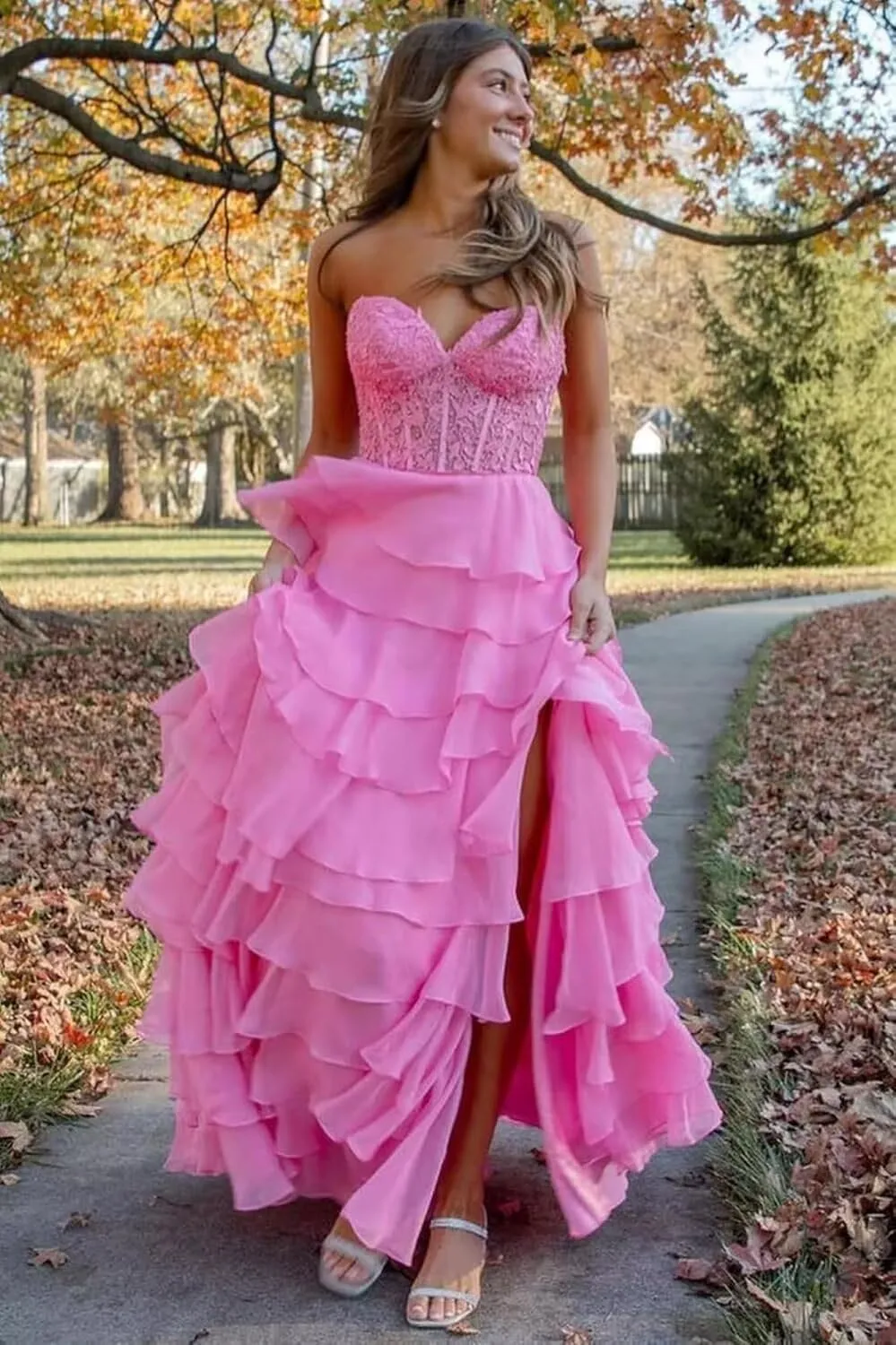 Cudiew Lace Corset Tiered Prom Dresses 2025 Strapless Chiffon Long Ruffle Formal Evening Dress for Women with Slit