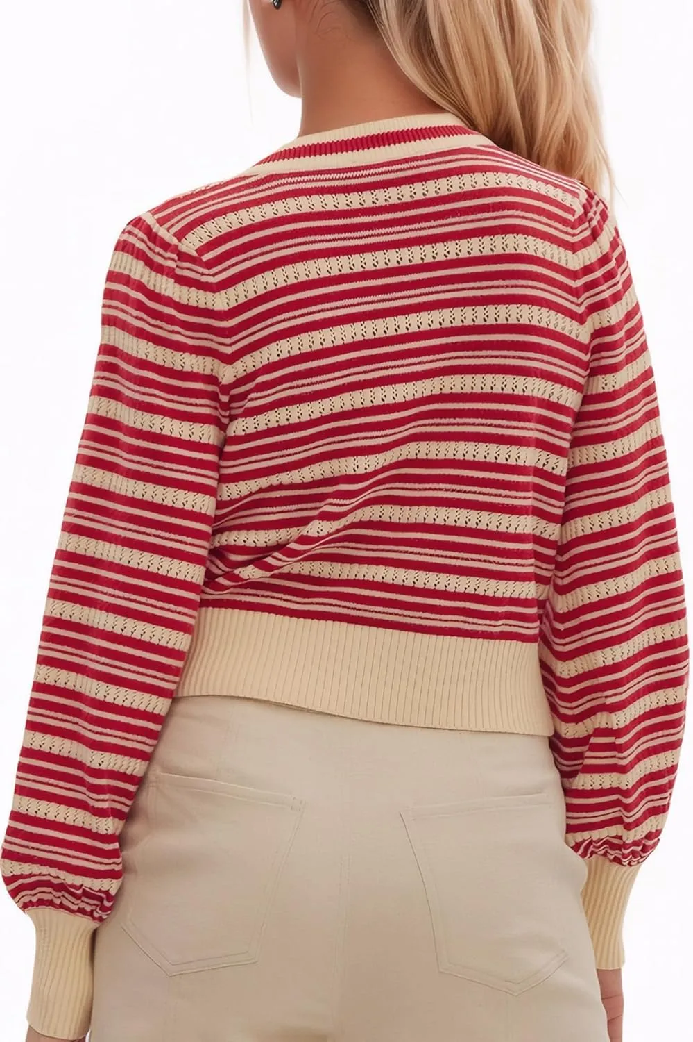 D-Sun Women Stripe Bow Sweater V-Neck Long Sleeves Elegant Cardigan Snaped Knit Ribbed Y2K Open Front Tops