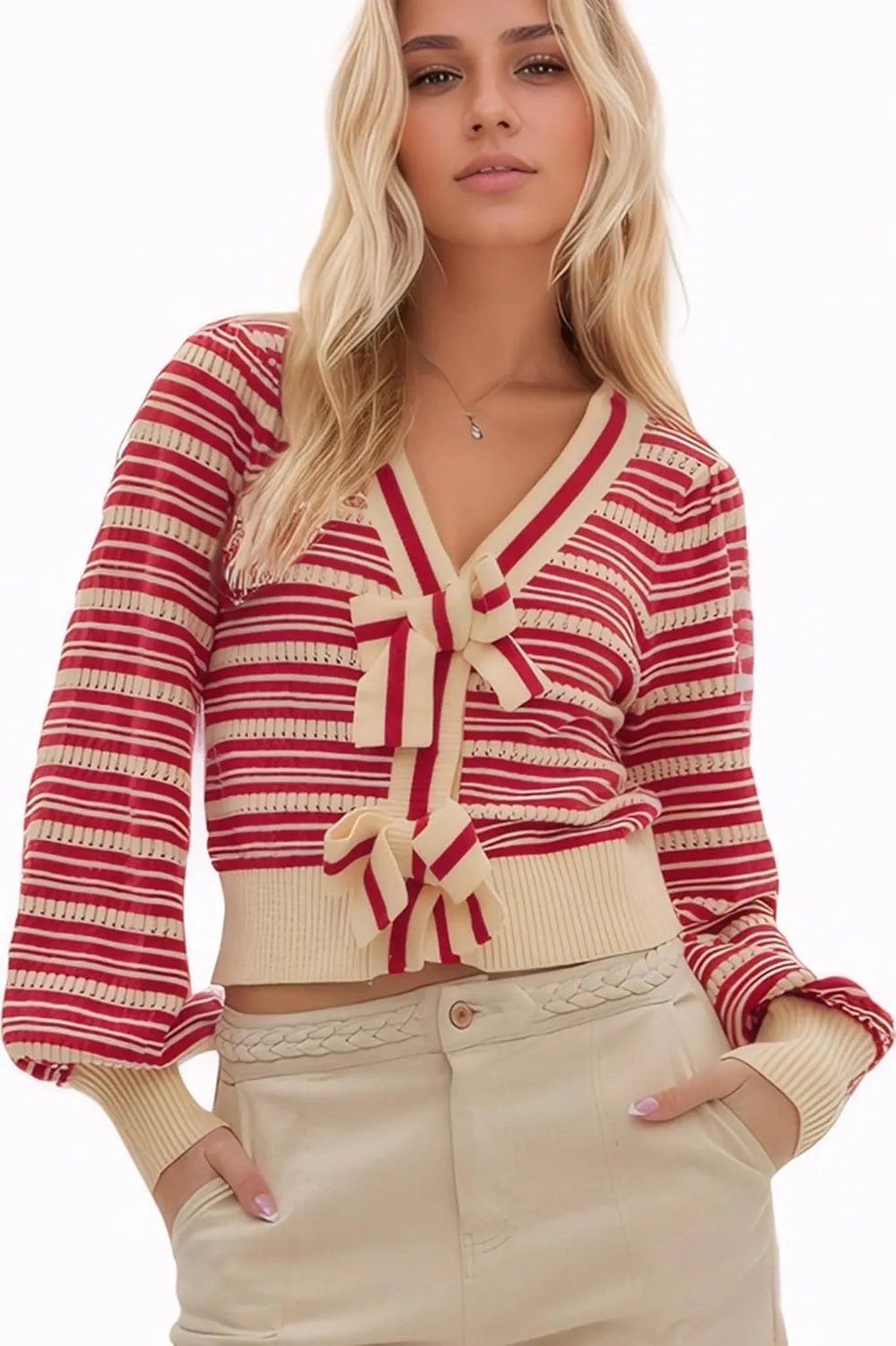 D-Sun Women Stripe Bow Sweater V-Neck Long Sleeves Elegant Cardigan Snaped Knit Ribbed Y2K Open Front Tops