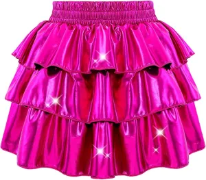 DAXIANG Girls Metallic Skirt with Shorts 3-Layer Pleated Ruffle Skirt for Girls Christmas Dance 4-13 Years