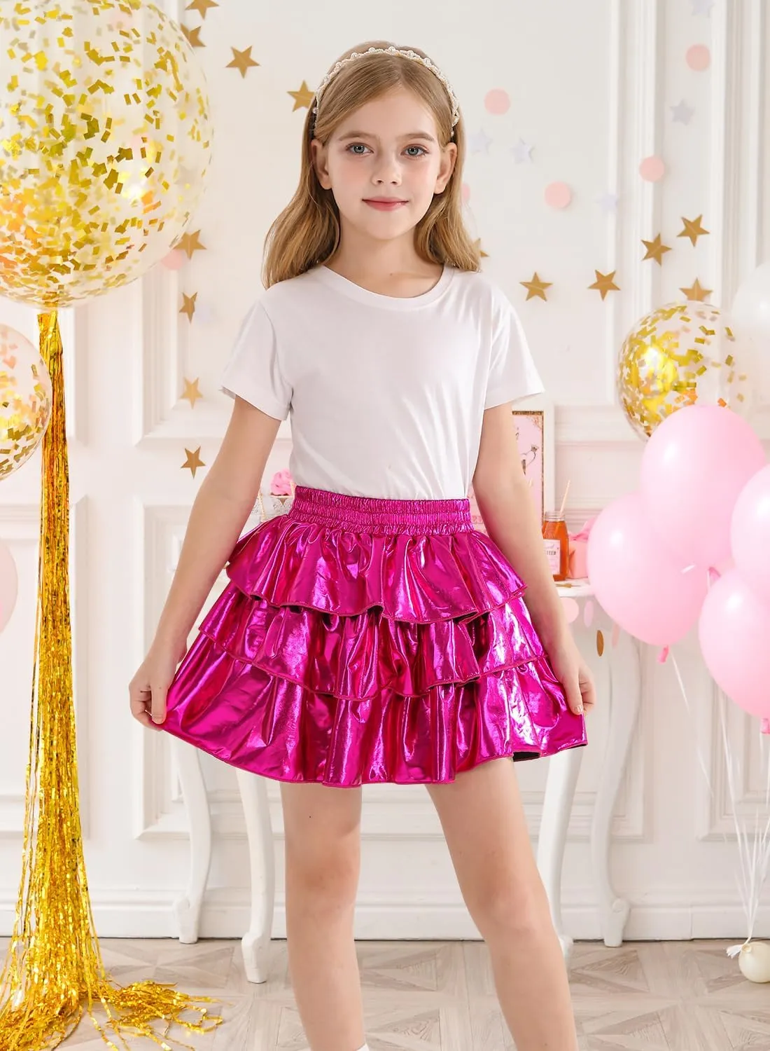 DAXIANG Girls Metallic Skirt with Shorts 3-Layer Pleated Ruffle Skirt for Girls Christmas Dance 4-13 Years
