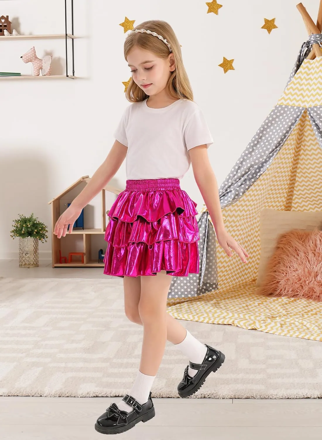 DAXIANG Girls Metallic Skirt with Shorts 3-Layer Pleated Ruffle Skirt for Girls Christmas Dance 4-13 Years
