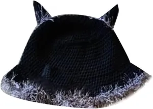 Devil Horn Knit Bucket Hat/Bag Womens Trendy Lightweight Outdoor Hat Summer Beach Vacation Sun Cap Headwear, Gray Brim Hat, 5 1/8-5 3/8