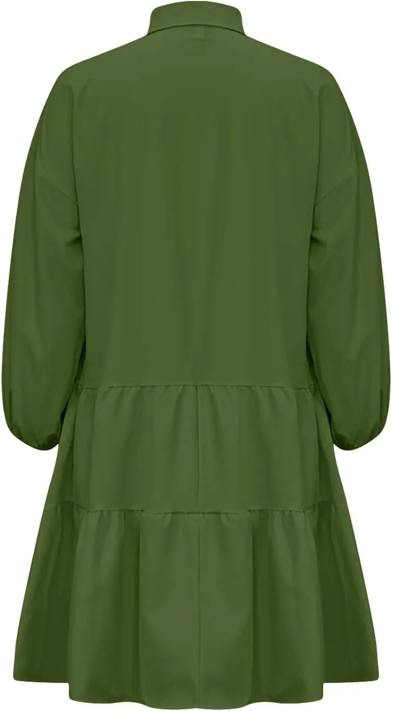 Fanteecy Women's Button Up Tunic Mini Dress Long Sleeve Lapel Collar V Neck Dress Tiered Ruffle Hem Dresses