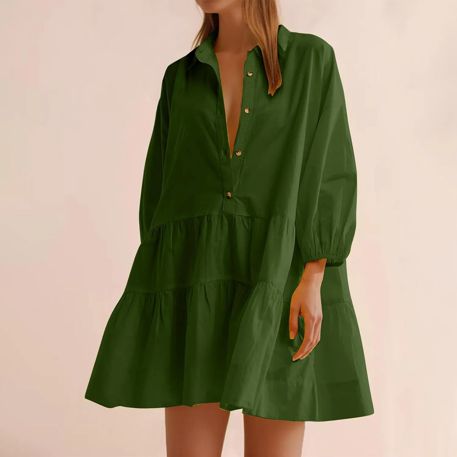 Fanteecy Women's Button Up Tunic Mini Dress Long Sleeve Lapel Collar V Neck Dress Tiered Ruffle Hem Dresses