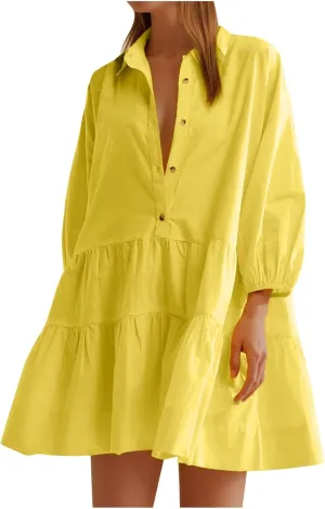 Fanteecy Women's Button Up Tunic Mini Dress Long Sleeve Lapel Collar V Neck Dress Tiered Ruffle Hem Dresses