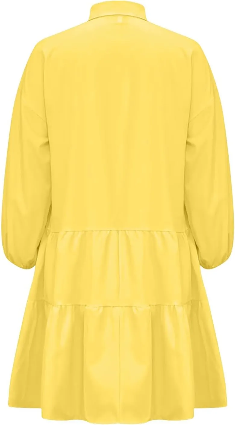 Fanteecy Women's Button Up Tunic Mini Dress Long Sleeve Lapel Collar V Neck Dress Tiered Ruffle Hem Dresses