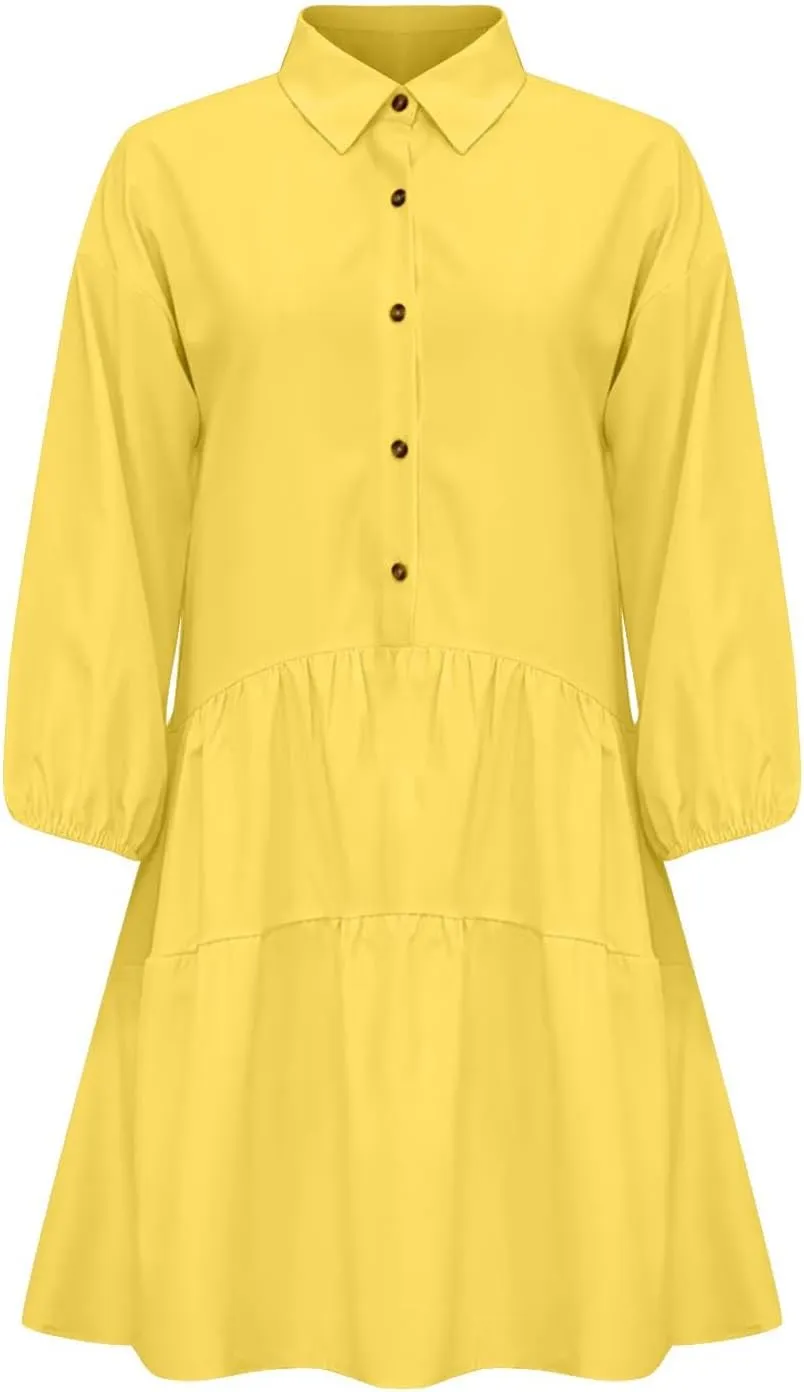 Fanteecy Women's Button Up Tunic Mini Dress Long Sleeve Lapel Collar V Neck Dress Tiered Ruffle Hem Dresses