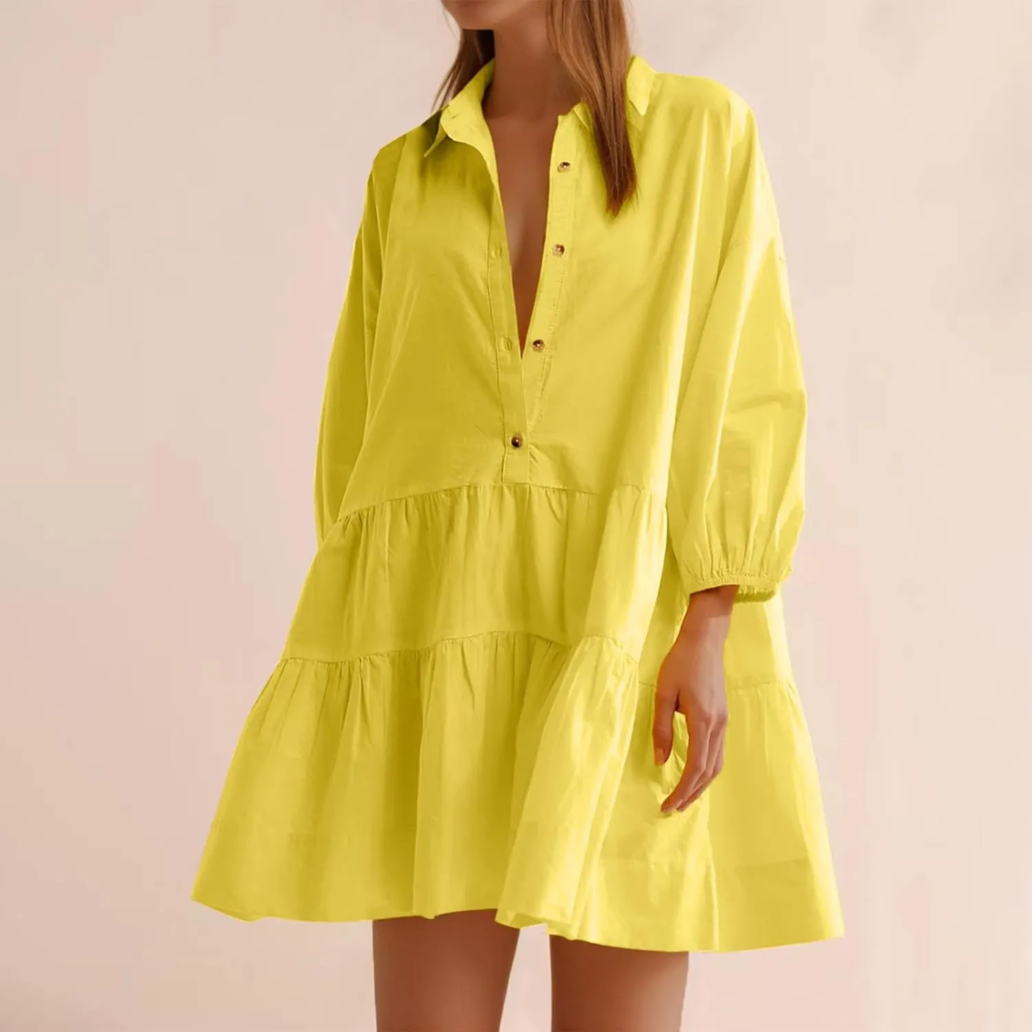 Fanteecy Women's Button Up Tunic Mini Dress Long Sleeve Lapel Collar V Neck Dress Tiered Ruffle Hem Dresses