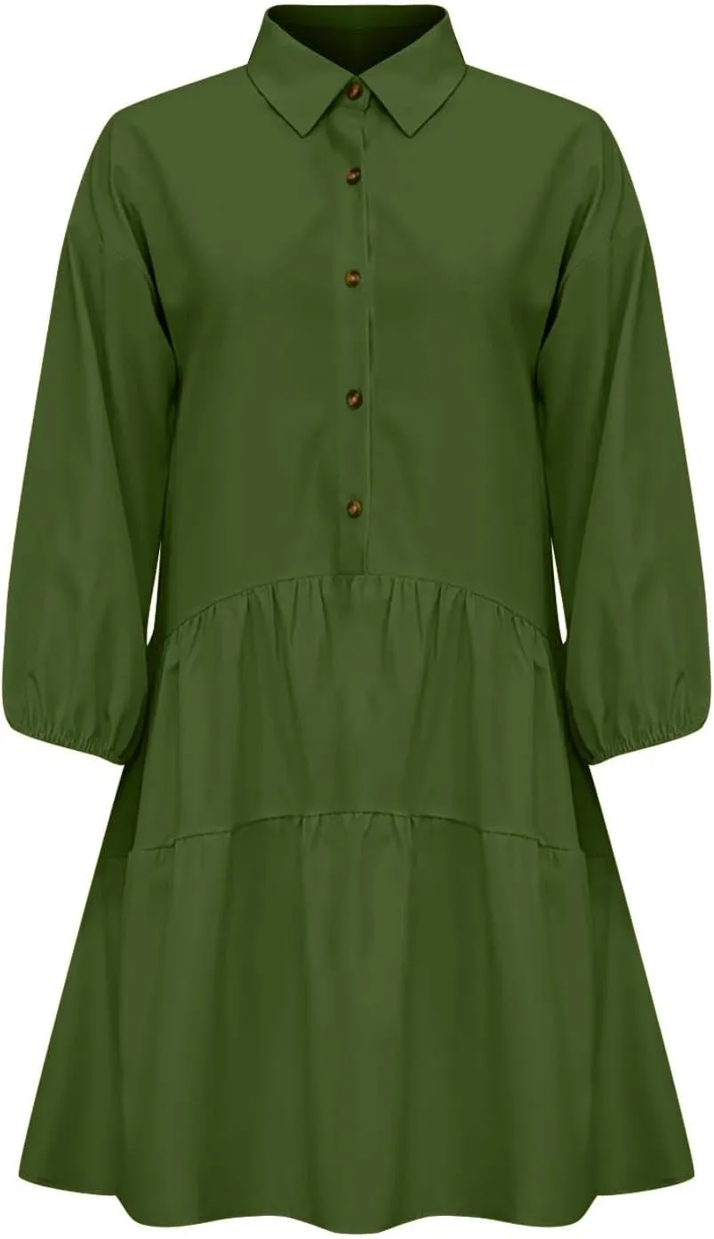 Fanteecy Women's Button Up Tunic Mini Dress Long Sleeve Lapel Collar V Neck Dress Tiered Ruffle Hem Dresses