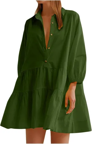 Fanteecy Women's Button Up Tunic Mini Dress Long Sleeve Lapel Collar V Neck Dress Tiered Ruffle Hem Dresses