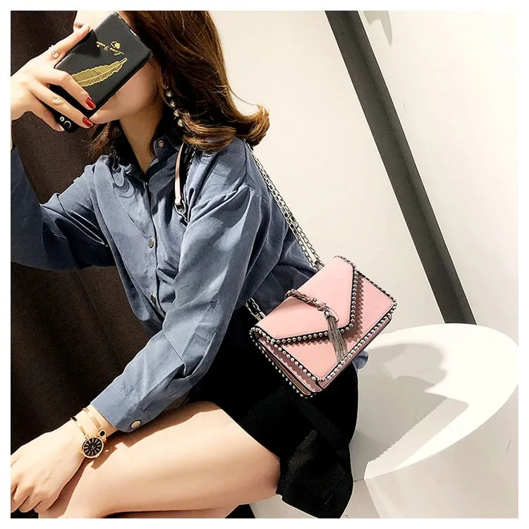 Fashion Leather Simple Small Square Handbag with Tassel Chain