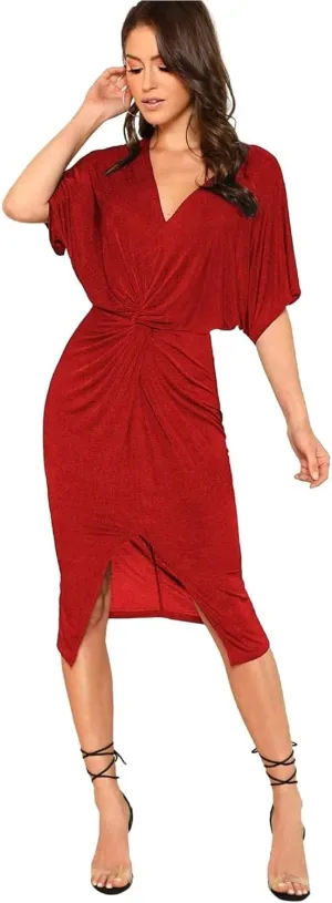 Floerns Women's Short Sleeve V Neck Twist Front Split Midi Dress