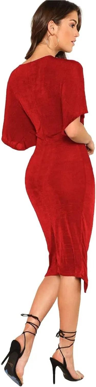 Floerns Women's Short Sleeve V Neck Twist Front Split Midi Dress