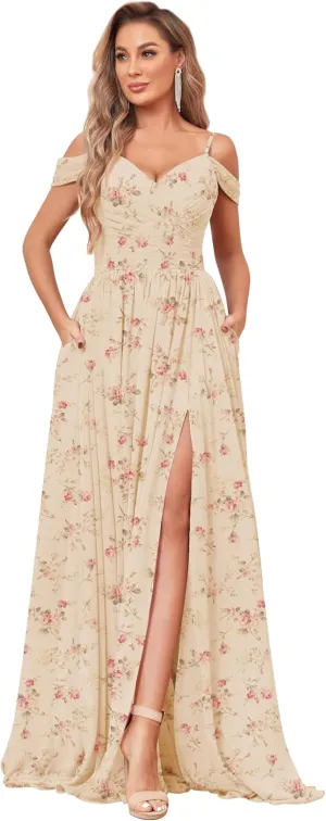 Floral Bridesmaids Dresses for Wedding Off The Shoulder Ruched Chiffon Formal Evening Party Gown with Pockets US6