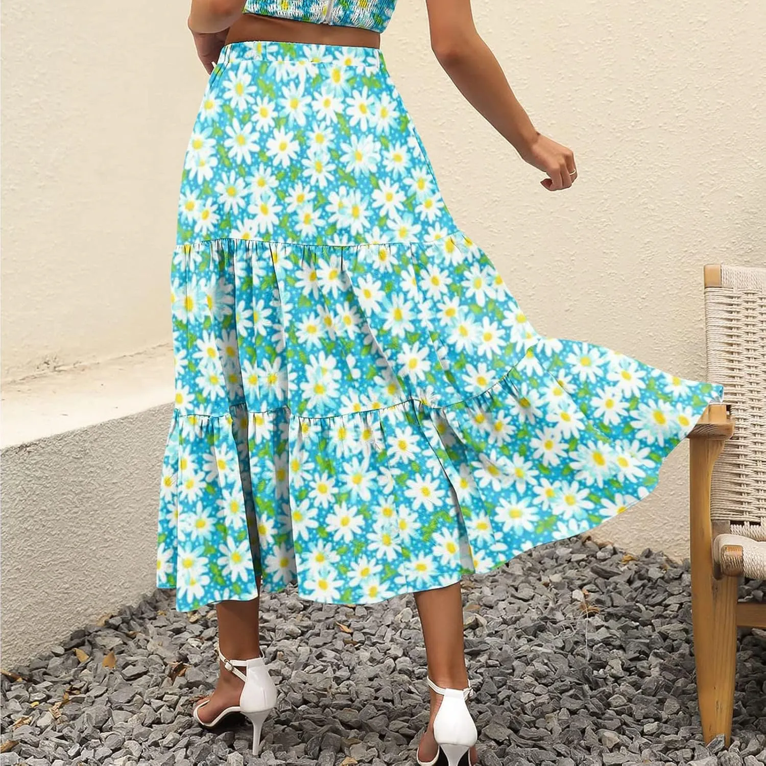 Flowy Pleated Maxi Midi Skirts for Women Casual Summer Boho Maxi Skirt Solid Color High Waisted Swing Tiered A-Line Skirt