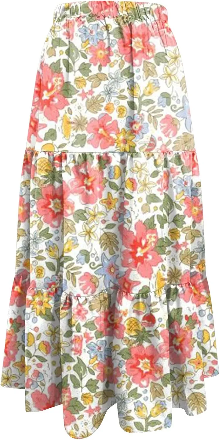 Flowy Pleated Maxi Midi Skirts for Women Casual Summer Boho Maxi Skirt Solid Color High Waisted Swing Tiered A-Line Skirt