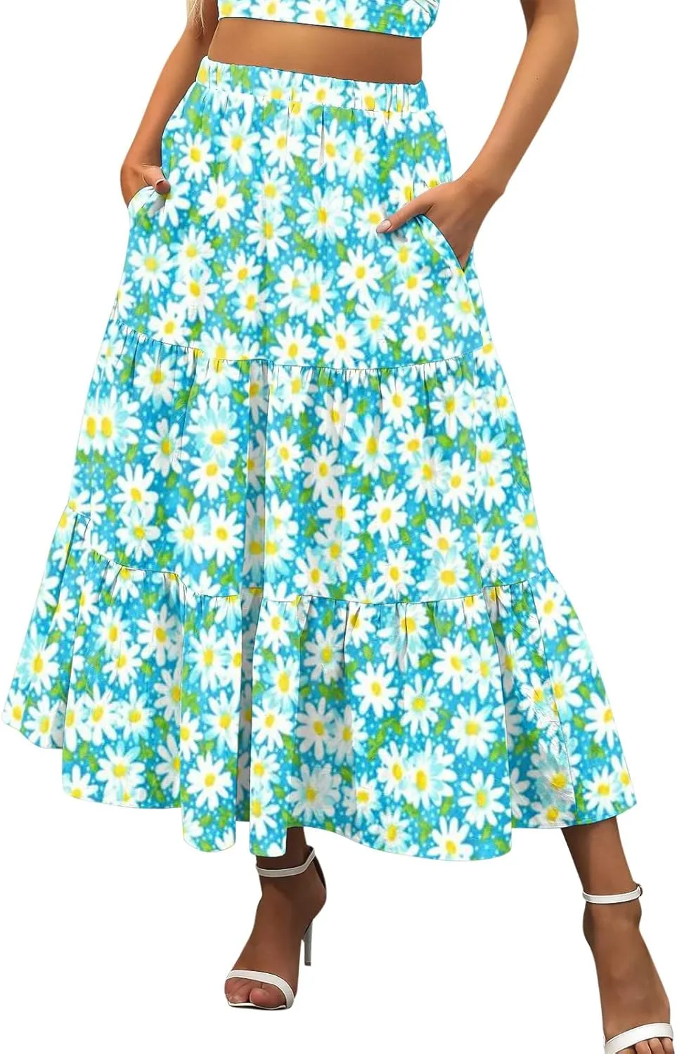Flowy Pleated Maxi Midi Skirts for Women Casual Summer Boho Maxi Skirt Solid Color High Waisted Swing Tiered A-Line Skirt