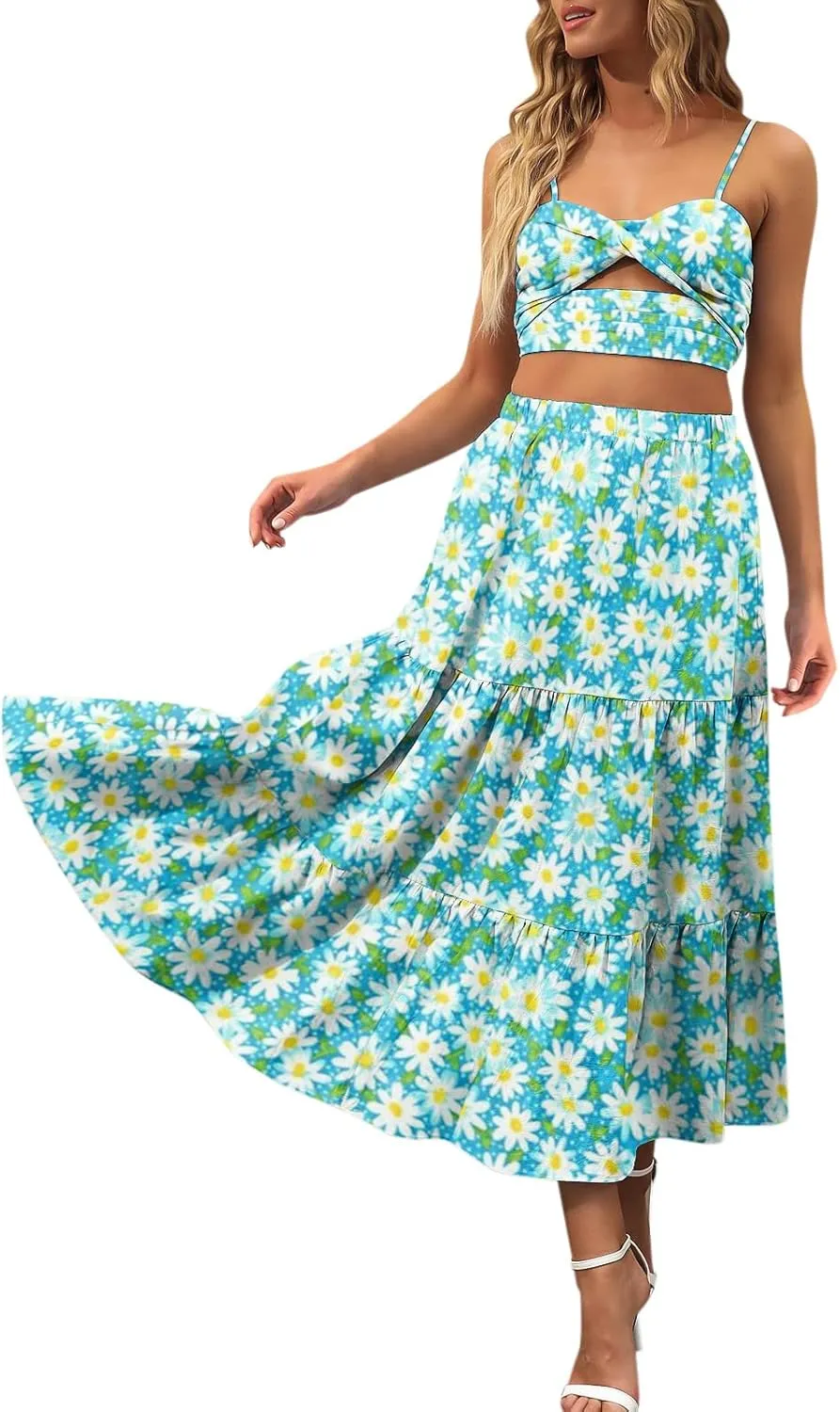 Flowy Pleated Maxi Midi Skirts for Women Casual Summer Boho Maxi Skirt Solid Color High Waisted Swing Tiered A-Line Skirt