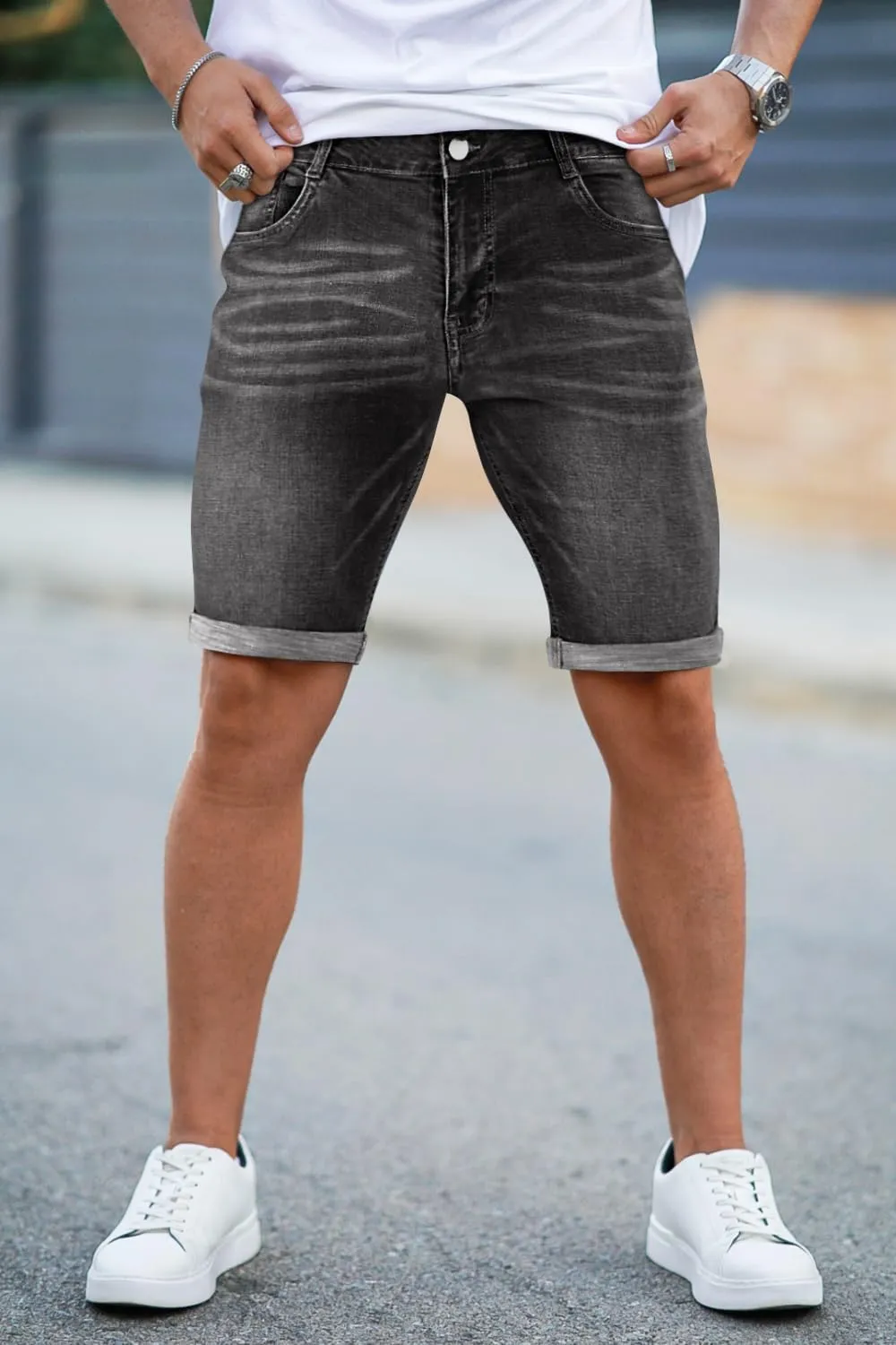 GINGTTO Denim Shorts Men Stretch Skinny Jean Shorts for Men