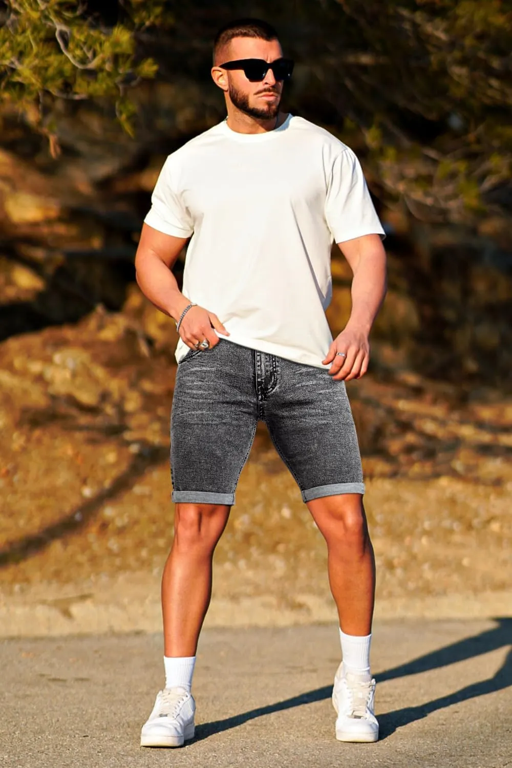 GINGTTO Denim Shorts Men Stretch Skinny Jean Shorts for Men