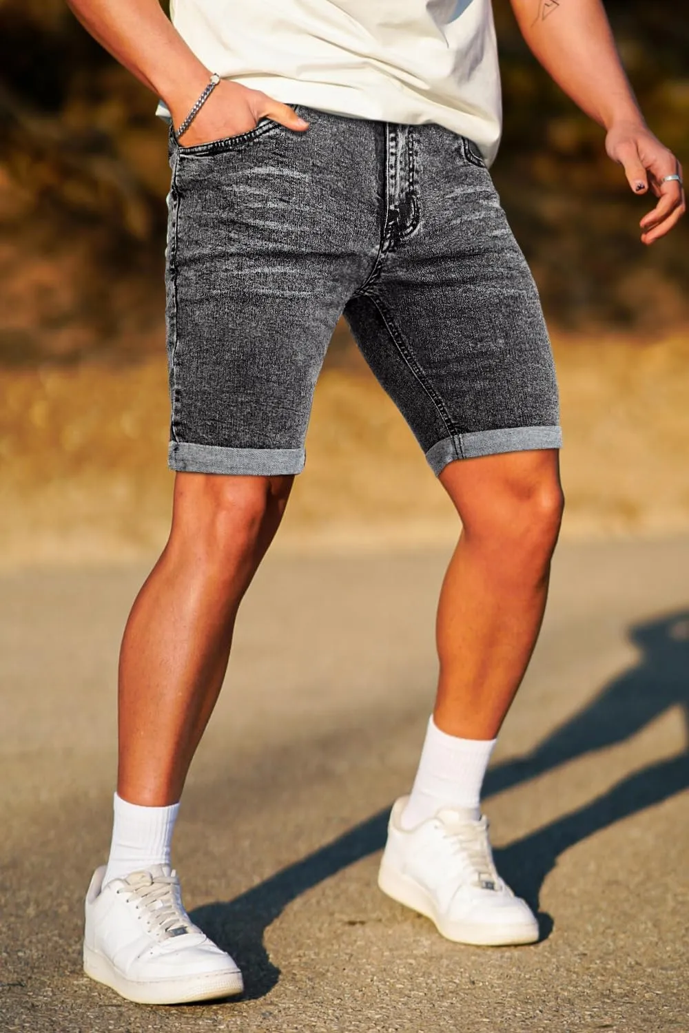 GINGTTO Denim Shorts Men Stretch Skinny Jean Shorts for Men