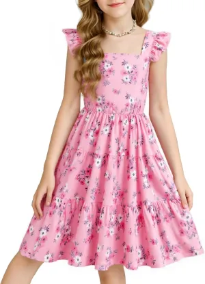 Girls Summer Dress Floral Ruffle Sleeve Sundress Tiered Swing Midi Beach Dress Casual A-line Dresses 18M-7T