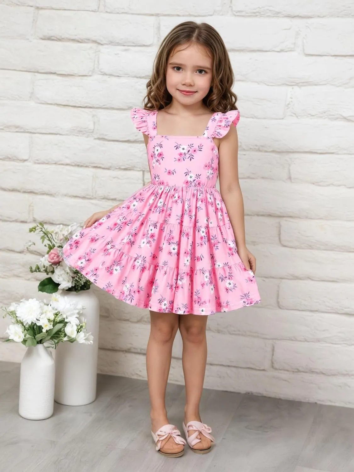 Girls Summer Dress Floral Ruffle Sleeve Sundress Tiered Swing Midi Beach Dress Casual A-line Dresses 18M-7T
