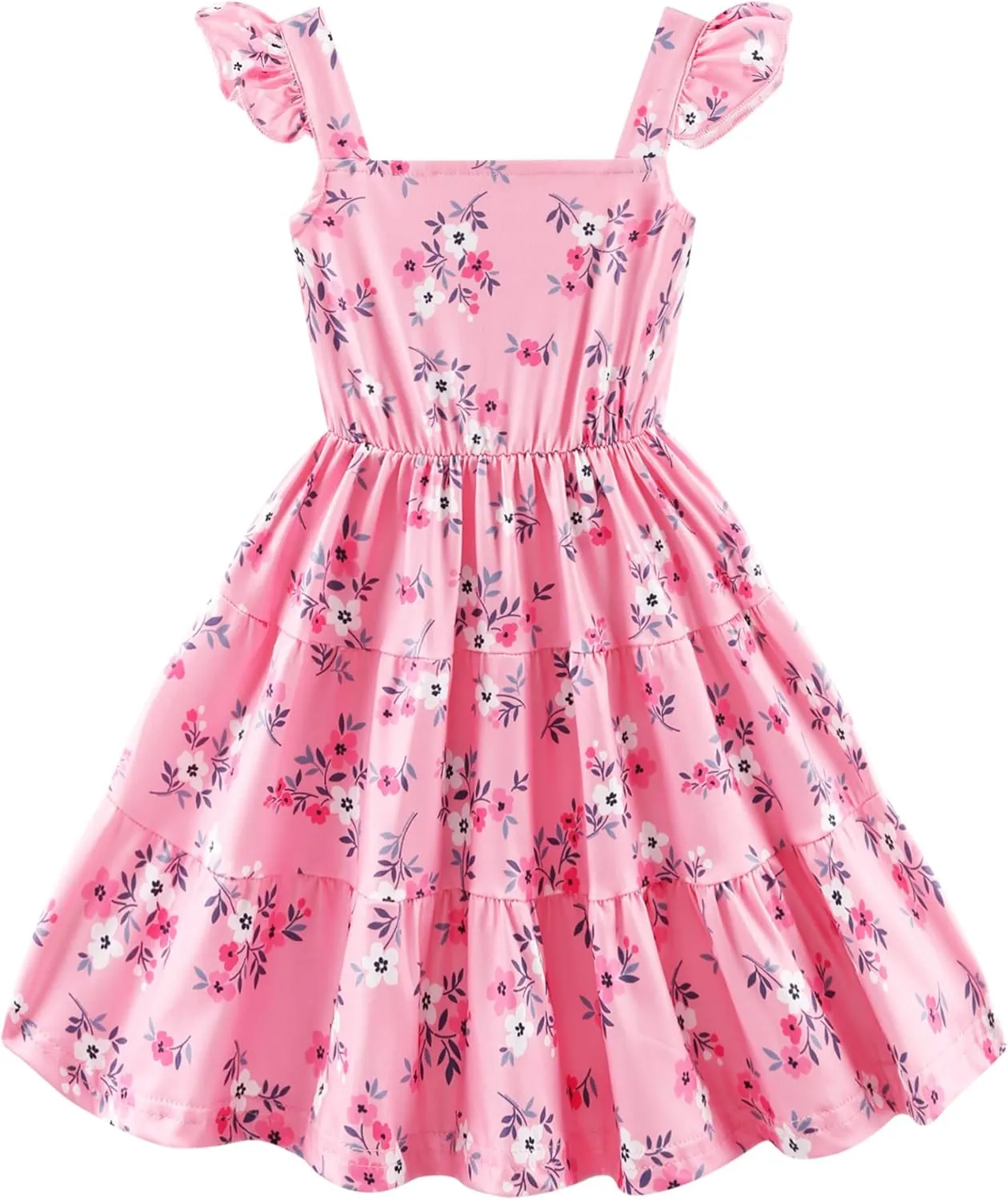Girls Summer Dress Floral Ruffle Sleeve Sundress Tiered Swing Midi Beach Dress Casual A-line Dresses 18M-7T