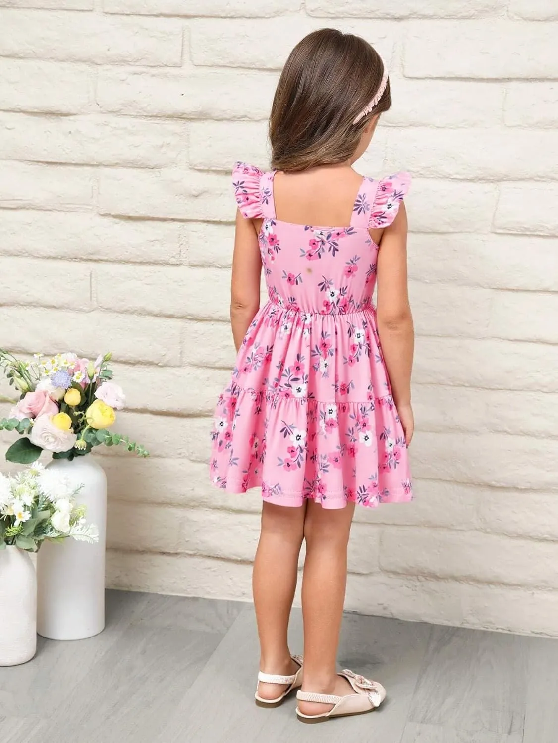 Girls Summer Dress Floral Ruffle Sleeve Sundress Tiered Swing Midi Beach Dress Casual A-line Dresses 18M-7T