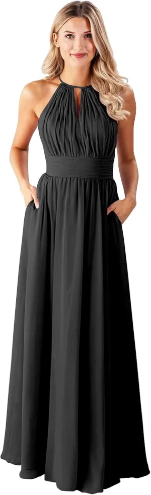 GOEBAODEEN Halter Long Bridesmaid Dresses for Women A Line Pleated Chiffon Formal Evening Gown with Pockets