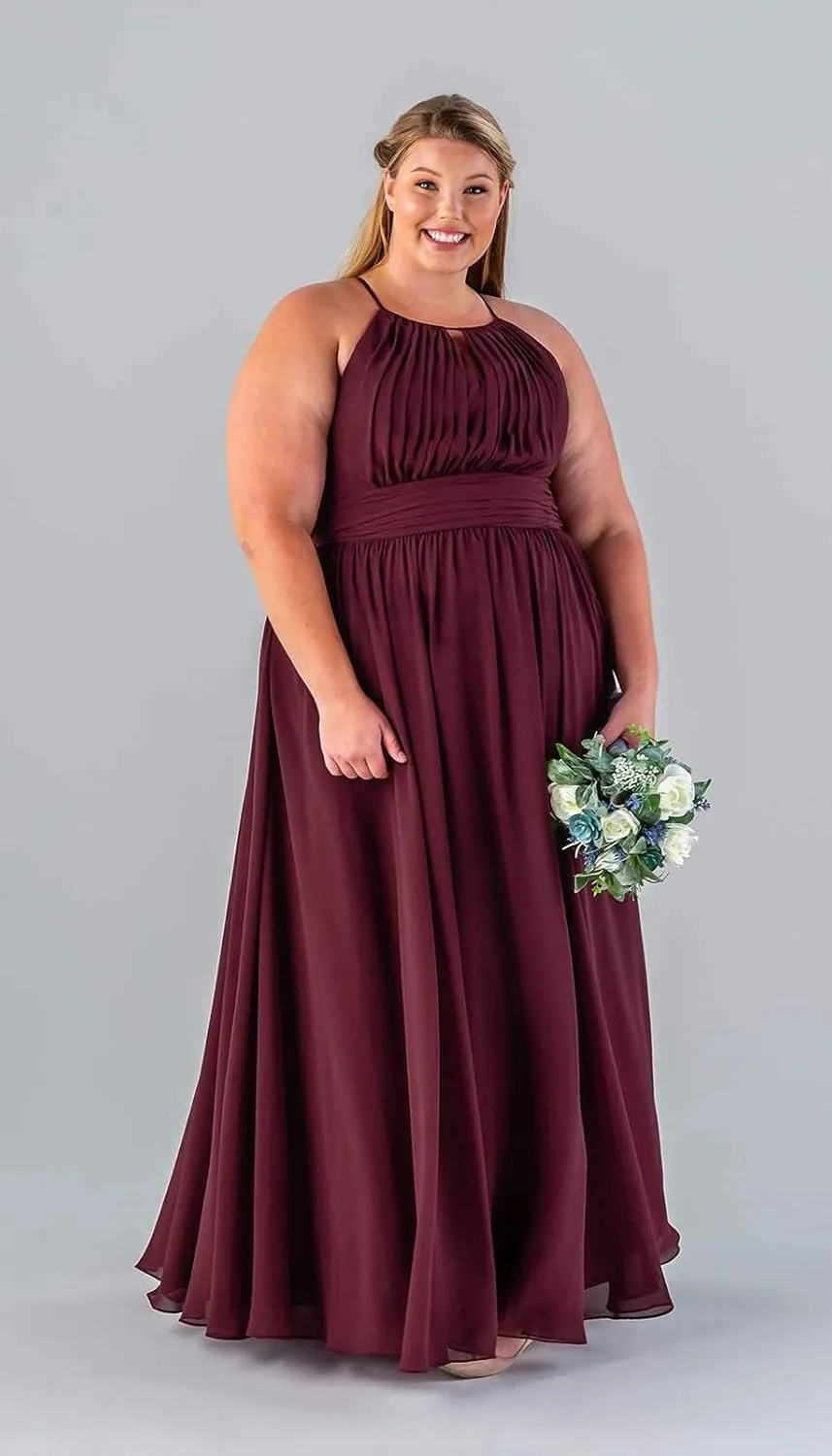 GOEBAODEEN Halter Long Bridesmaid Dresses for Women A Line Pleated Chiffon Formal Evening Gown with Pockets