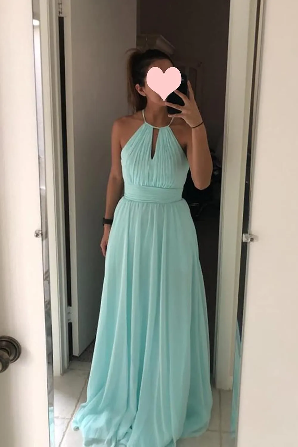 GOEBAODEEN Halter Long Bridesmaid Dresses for Women A Line Pleated Chiffon Formal Evening Gown with Pockets
