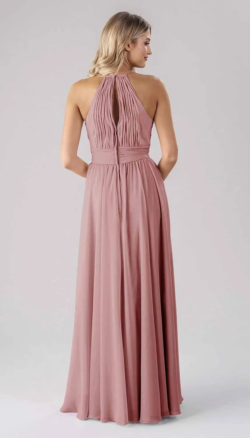 GOEBAODEEN Halter Long Bridesmaid Dresses for Women A Line Pleated Chiffon Formal Evening Gown with Pockets