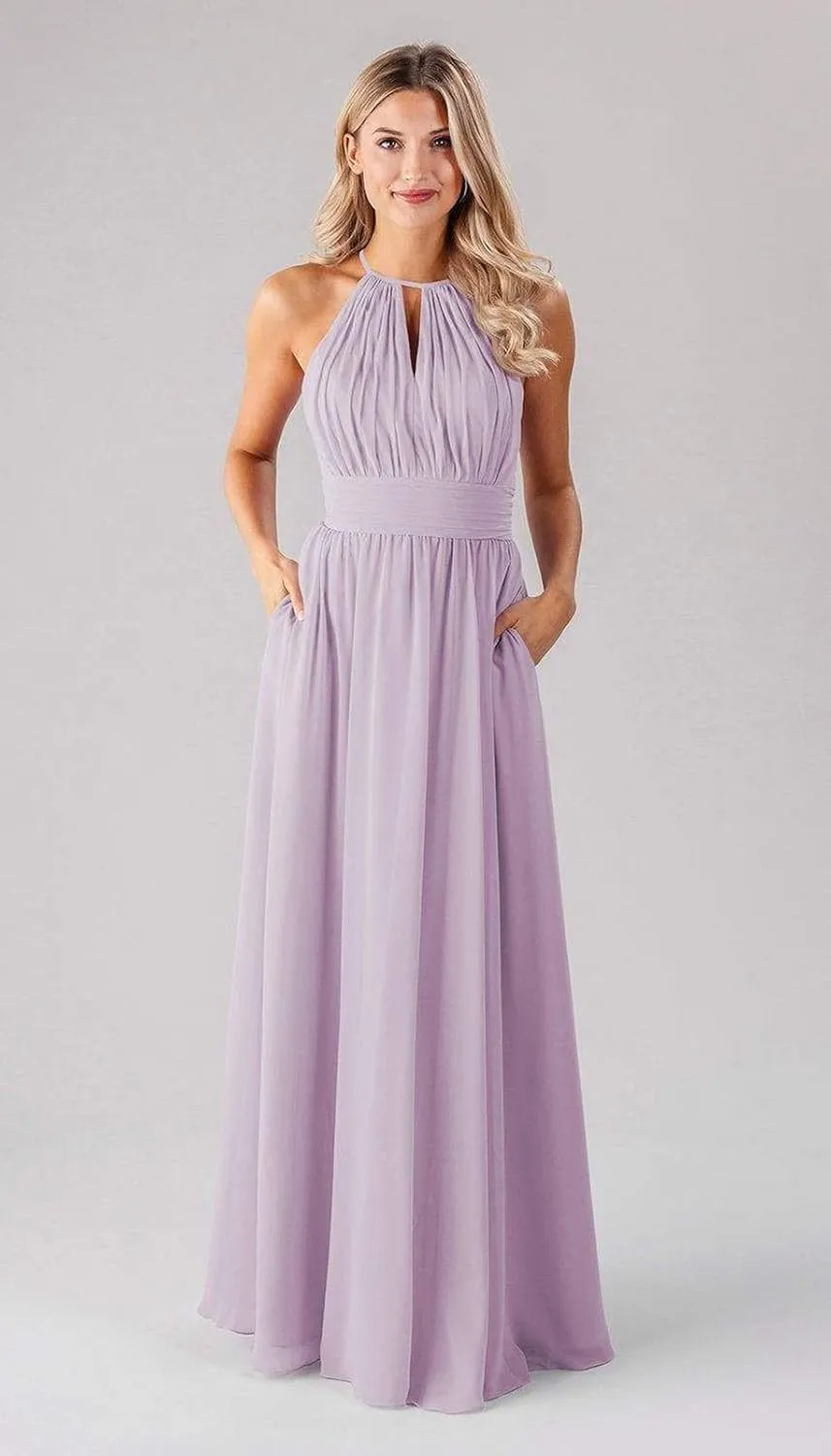 GOEBAODEEN Halter Long Bridesmaid Dresses for Women A Line Pleated Chiffon Formal Evening Gown with Pockets