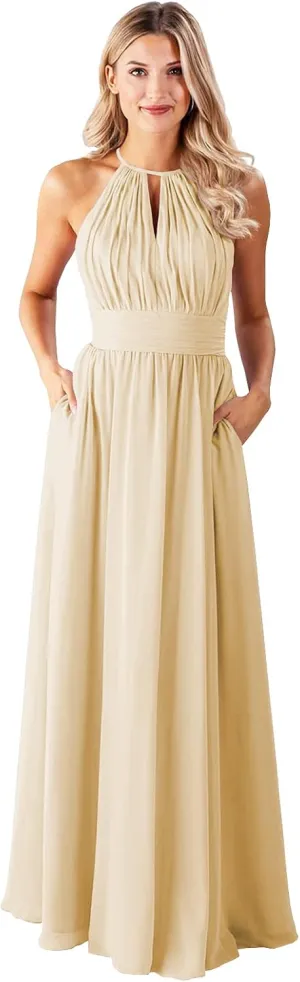 GOEBAODEEN Halter Long Bridesmaid Dresses for Women A Line Pleated Chiffon Formal Evening Gown with Pockets