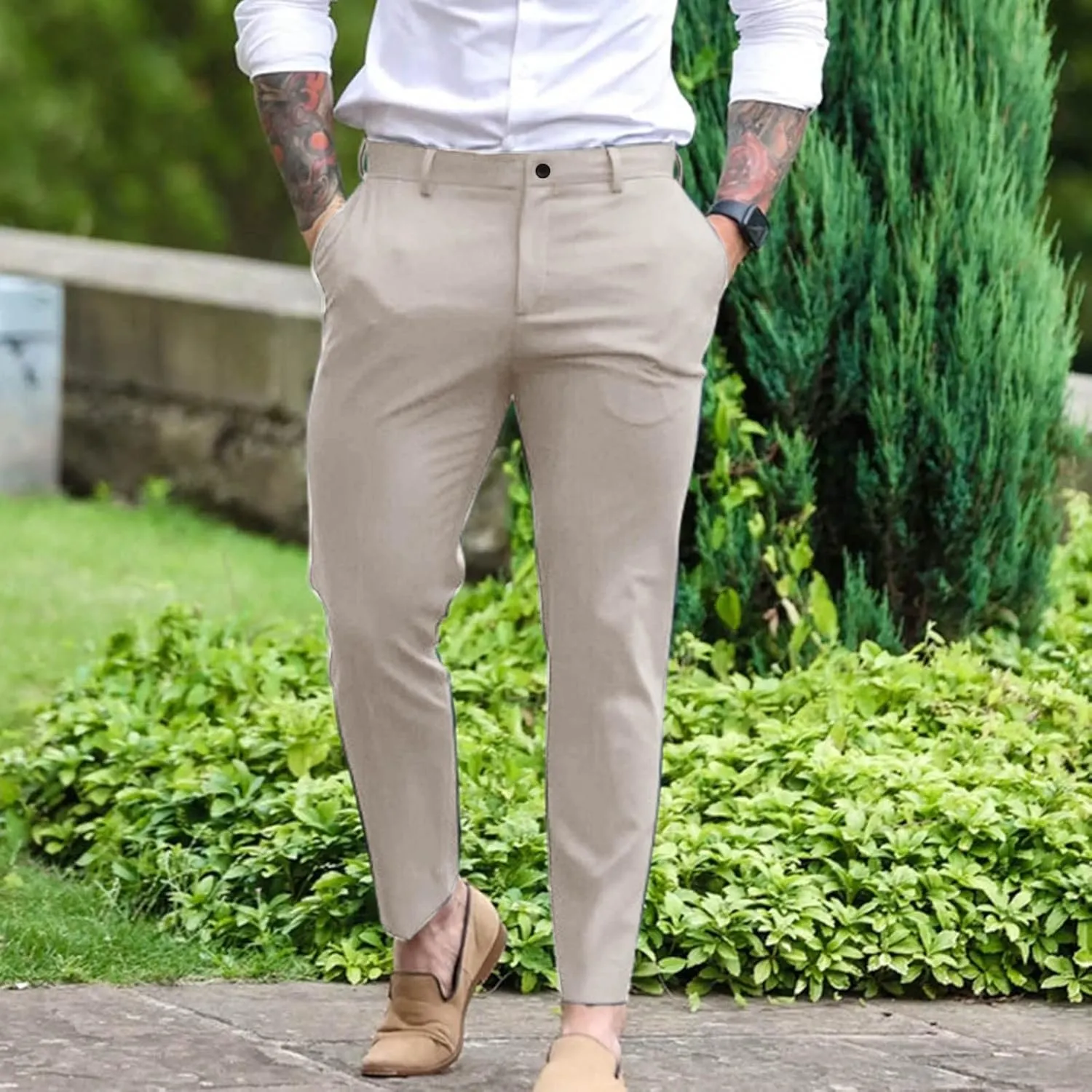 GOKKILRW Mens Slim Fit Dress Tapered Leg Pants Casual Business Office Work Pants Comfy Flat-Front Stretch Chino Golf Trousers
