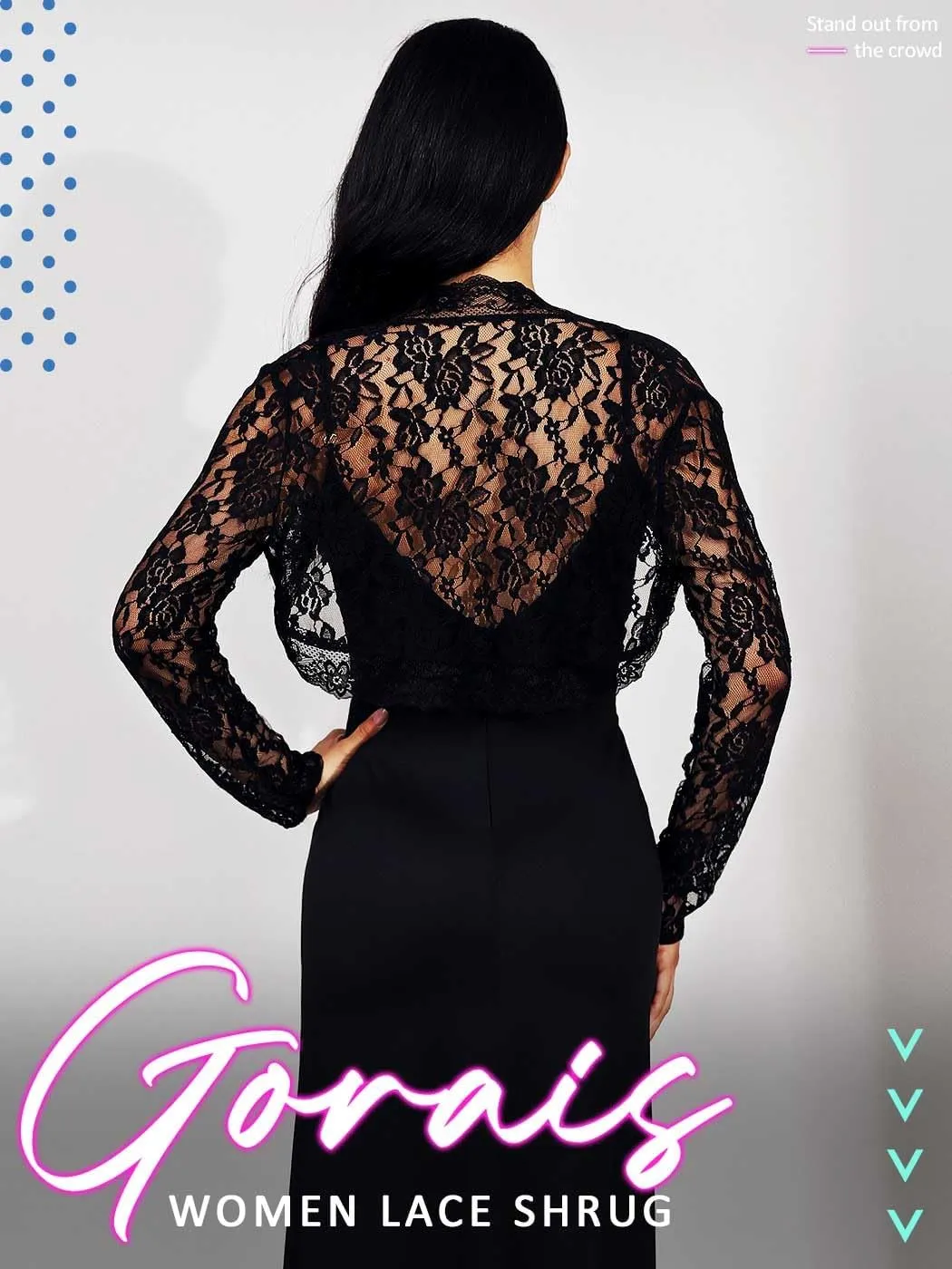 GORAIS Lace Shrug Womens Bolero Jackets for Evening Dresses Long Sleeve Wedding Shrugs for Bride and Bridesmaids