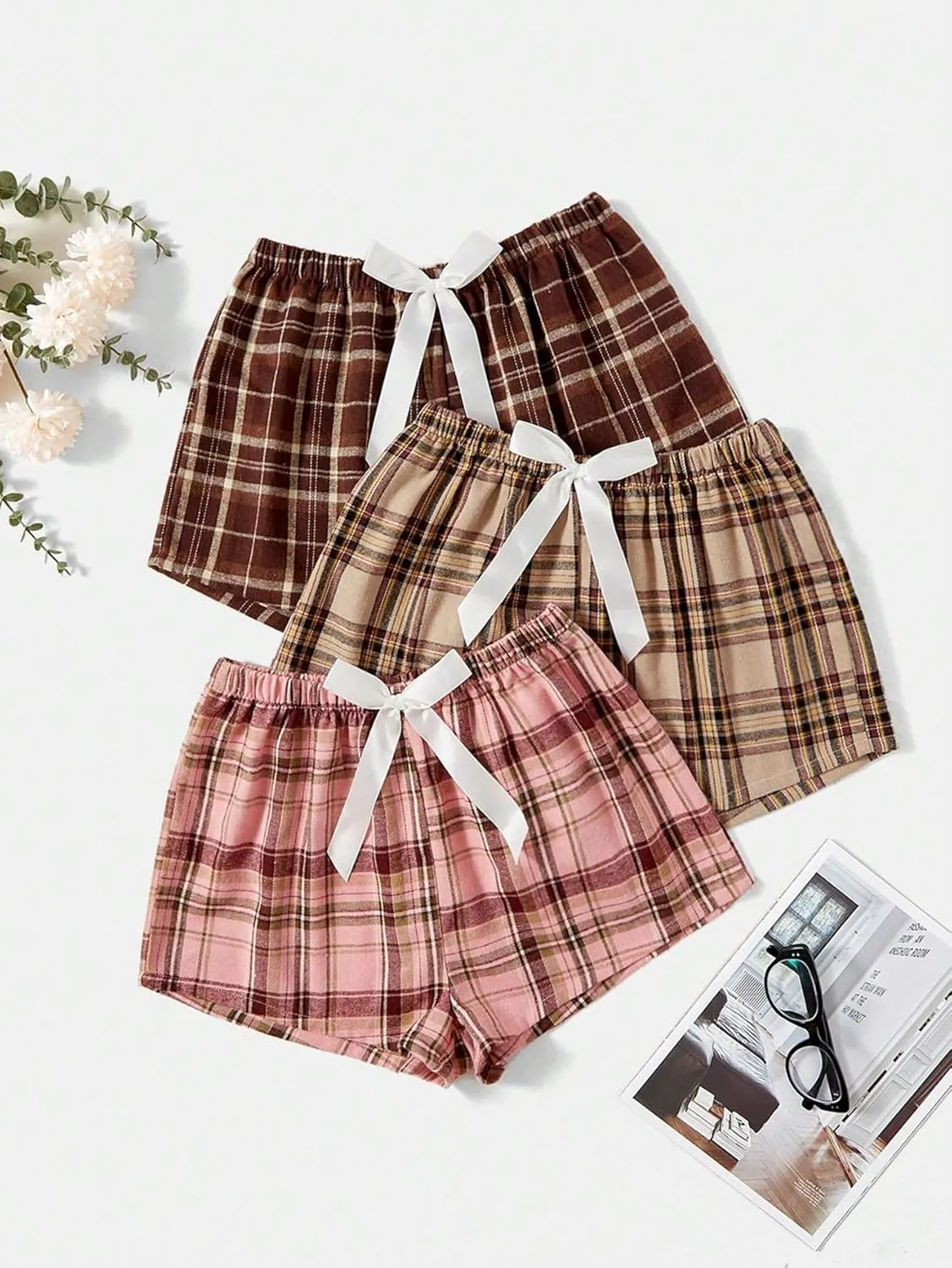 GORGLITTER Women's 3 Piece Plaid Pajama Shorts Elastic Waist Cute Pj Shorts