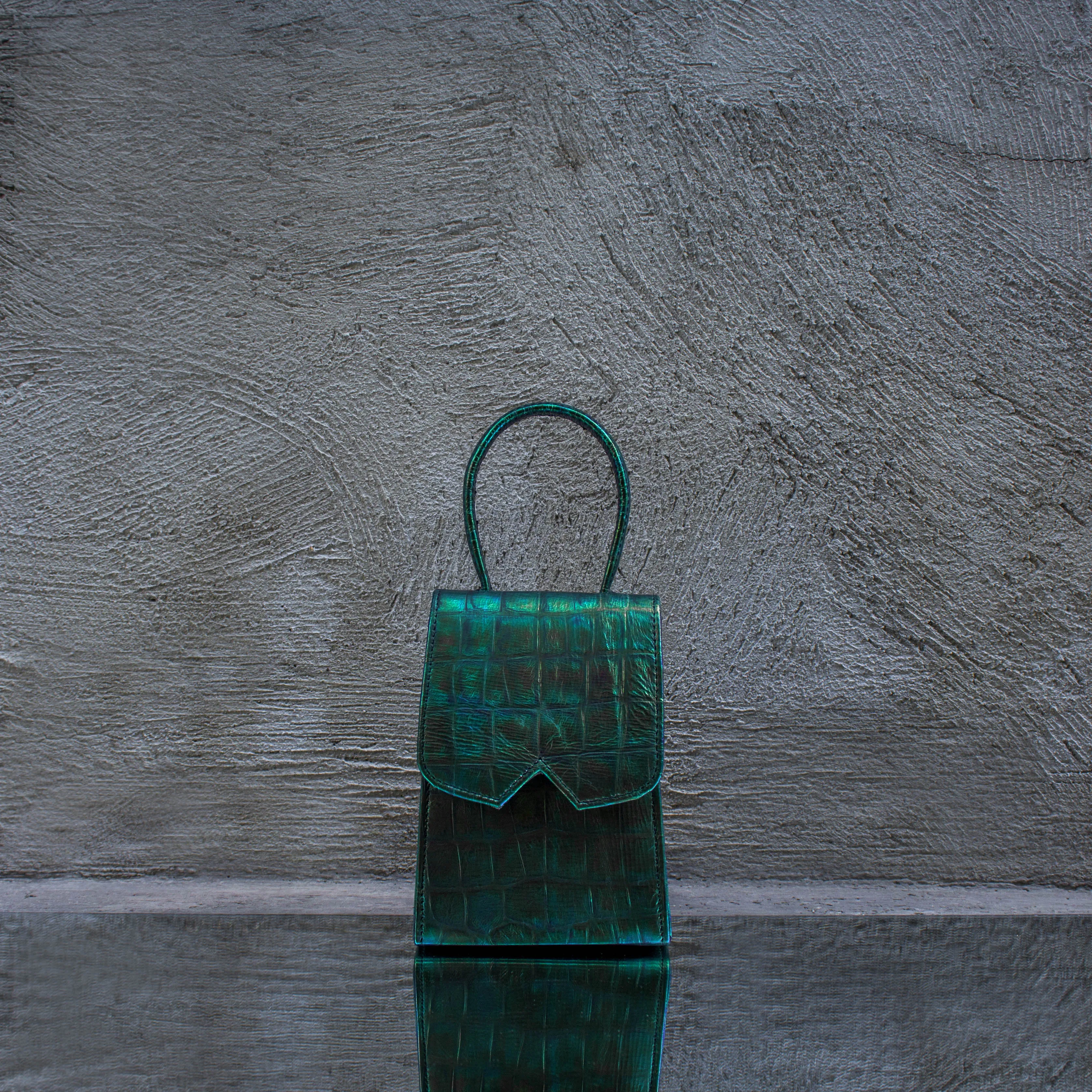 Green Oil Spill Crocodile Effect Leather Mini Bag